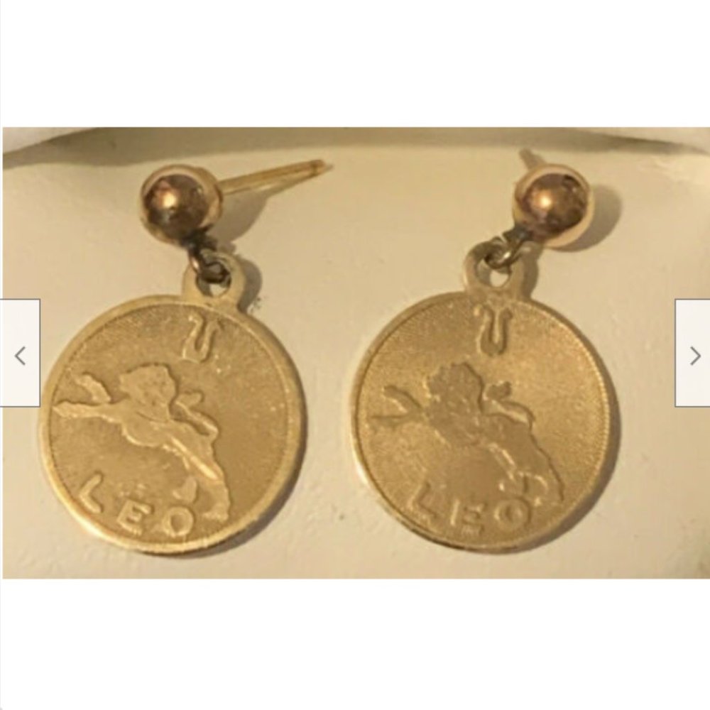 Vintage 14k Zodiac LEO Sun Sign Astrology Coin Drop Post Earrings